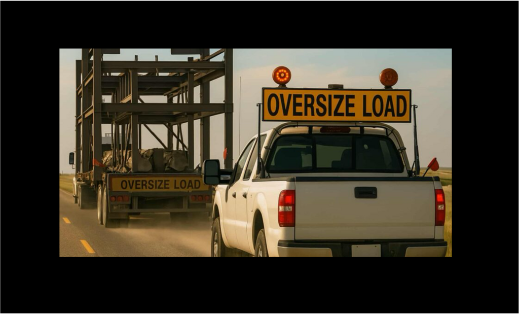 Escort vehicle with oversize load sign leading a heavy transport convoy